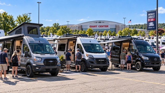 Campaign image of camper vans and visitors outside the Giant Center at America’s Largest RV Show in Hershey