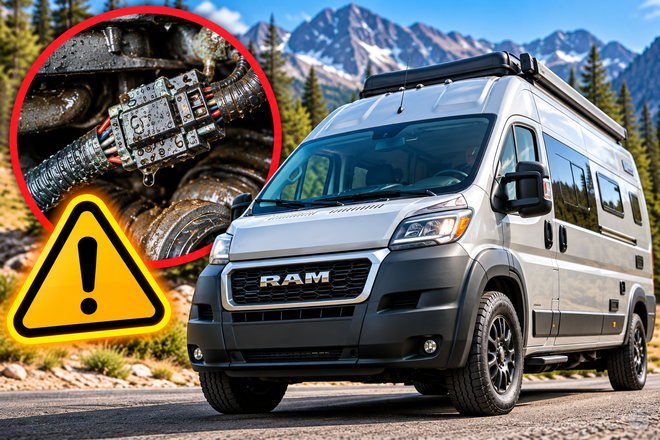 Campaign artwork showing a Ram ProMaster camper van, a warning symbol and a close-up of a mechanical component