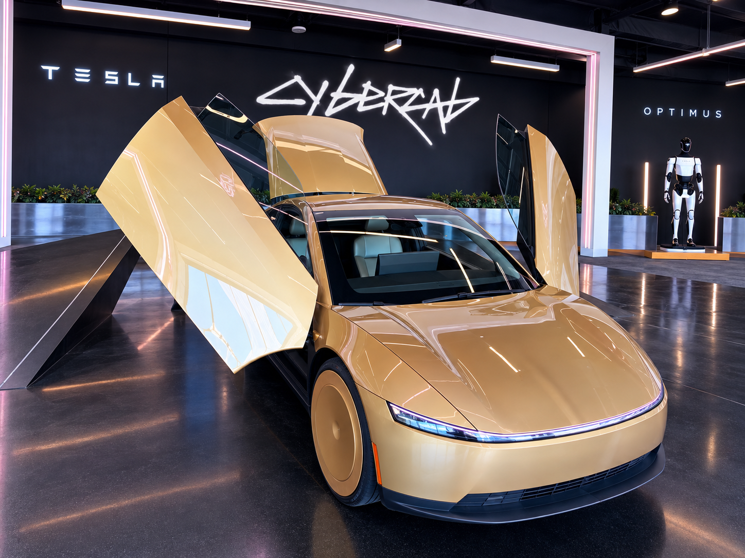 Edited gold Cybercab artwork with raised butterfly doors, based on a photo at Tesla's showroom inside Gigafactory Texas in Austin; includes an Optimus robot added in the edit