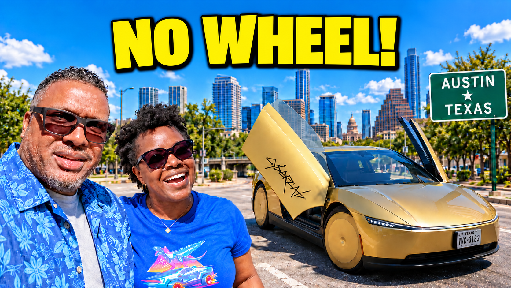 Newsletter artwork featuring Hank and Lola, a gold Tesla Cybercab and the Austin skyline with ‘No Wheel!’ lettering