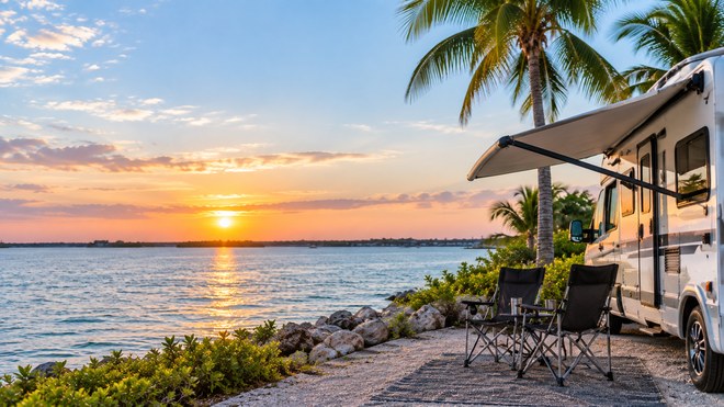 Campaign artwork showing an RV and two camping chairs at a waterfront campsite at sunset