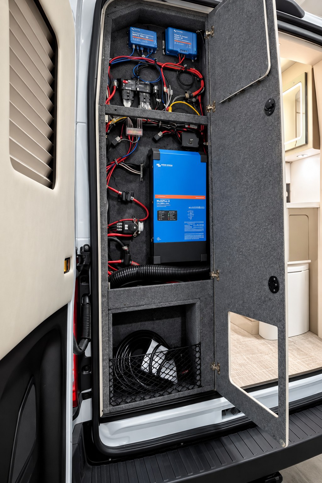 The rear electrical service bay provides access to the inverter, wiring, and other power components.